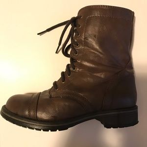 Brown Faux Leather Combat Boots